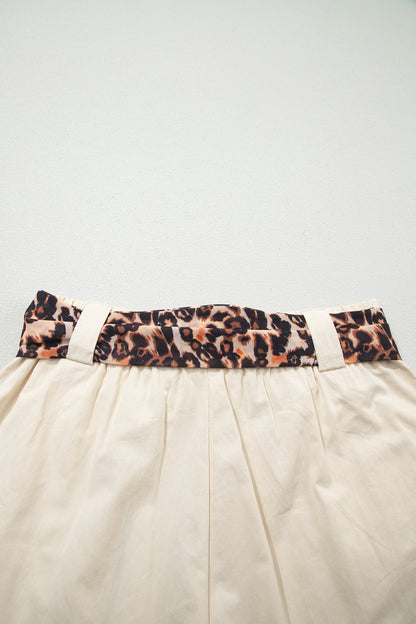 Leopard Contrast Belt Pleated Wide Leg Shorts