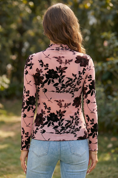 Floral Retro Mesh Long Sleeve Blouse