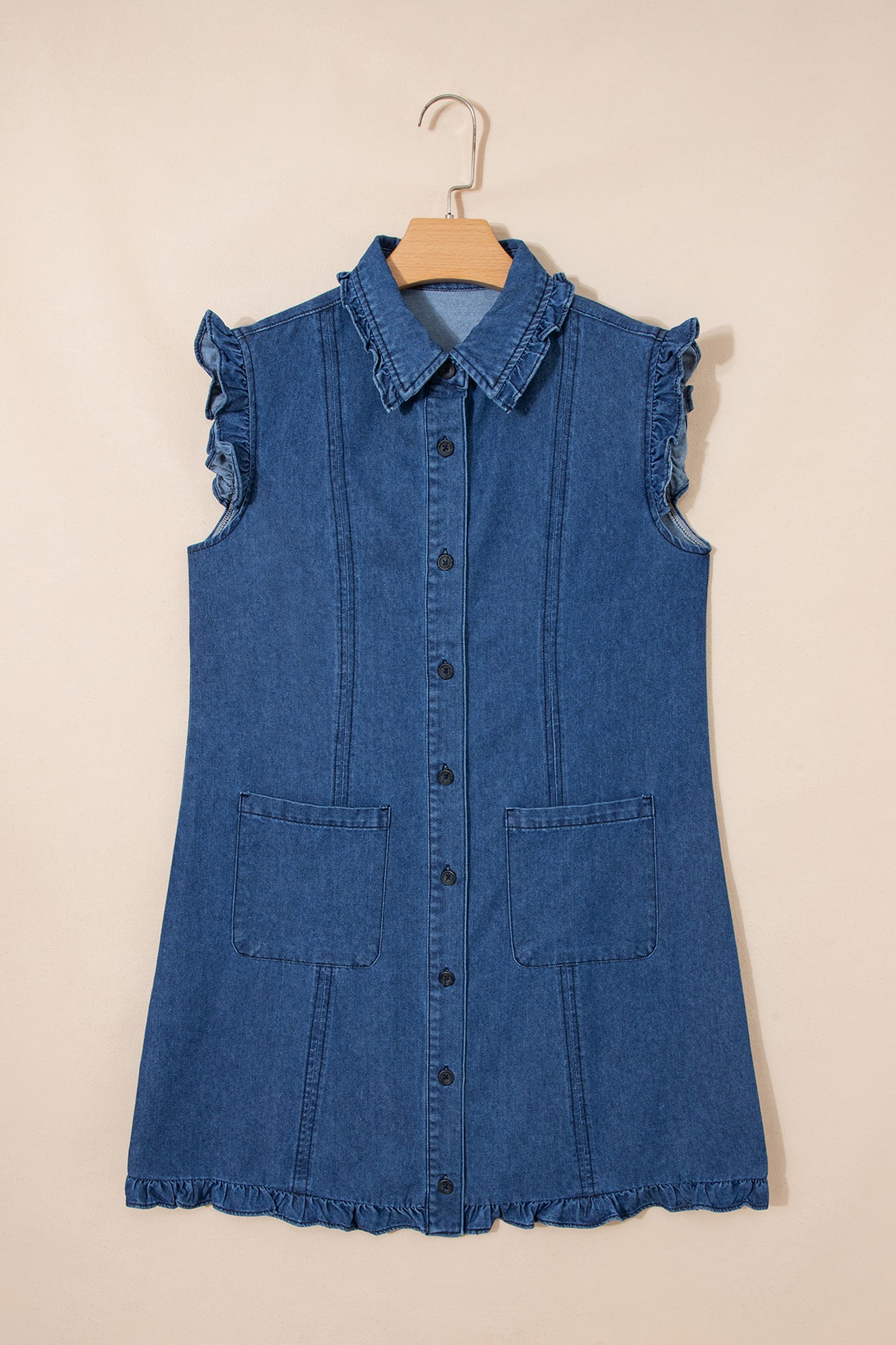 Denim Ruffle Edge Collared Button Up Dress