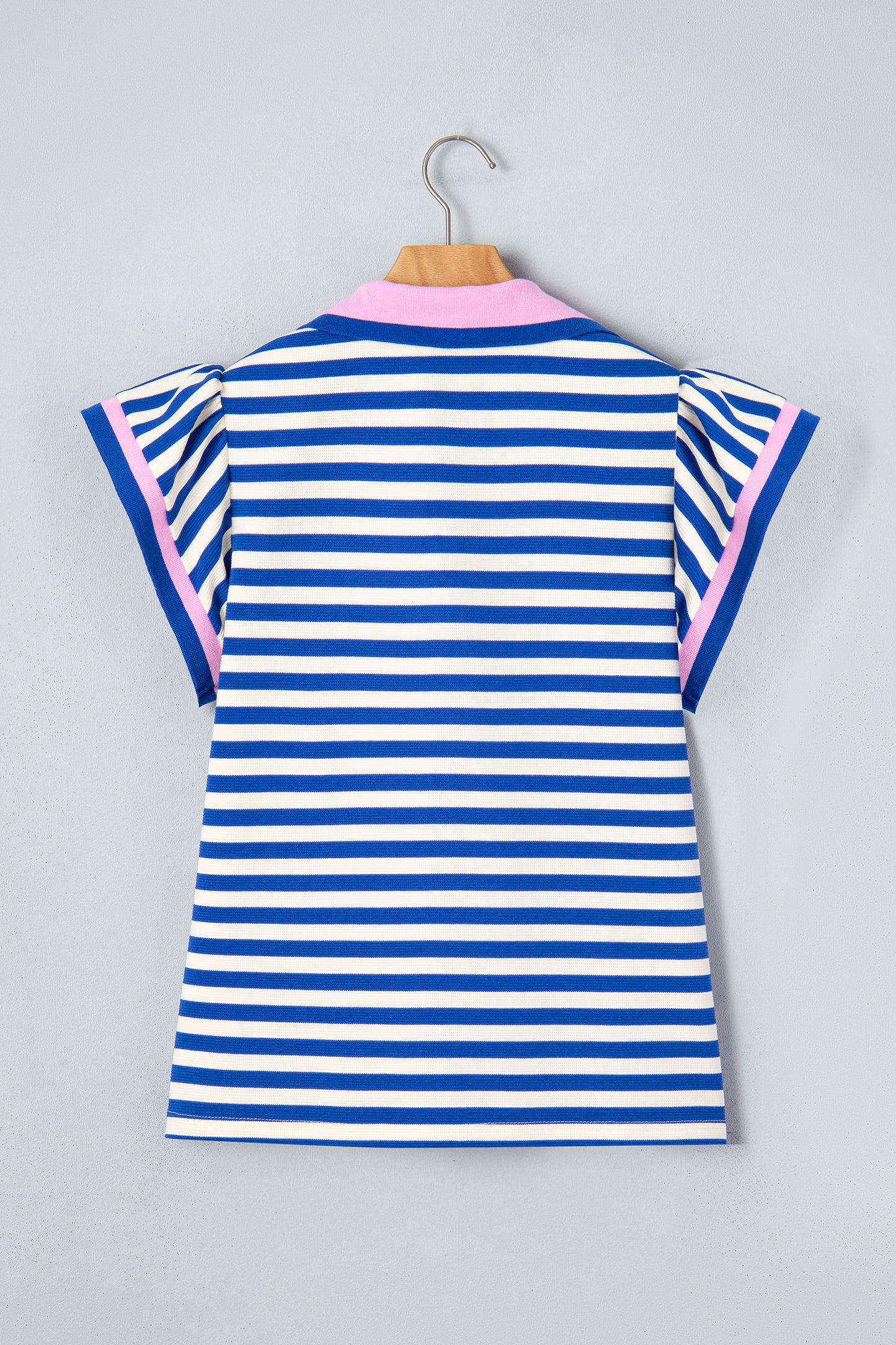 Stripe Contrast Trim Polo Collar Ruffle Sleeve Blouse