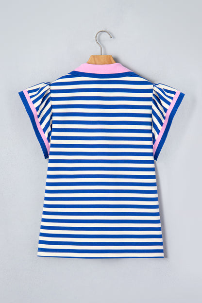 Stripe Contrast Trim Polo Collar Ruffle Sleeve Blouse