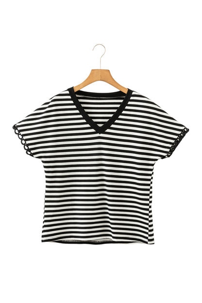 Stripe V-Neck Lace Trim Short Sleeve Tee