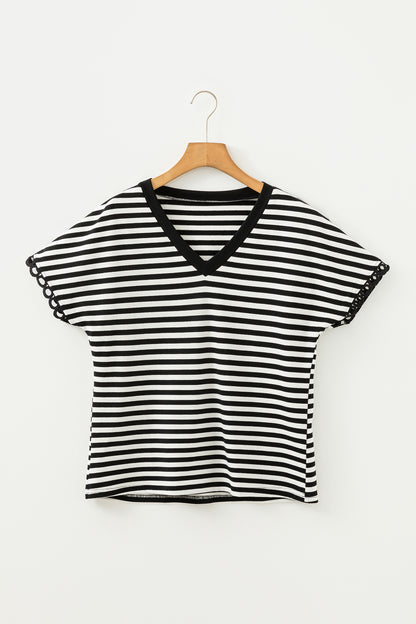 Stripe V-Neck Lace Trim Short Sleeve Tee