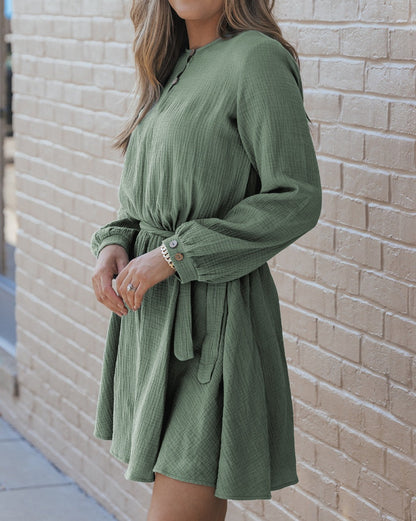 Gauze Puff Sleeve Belted Dress