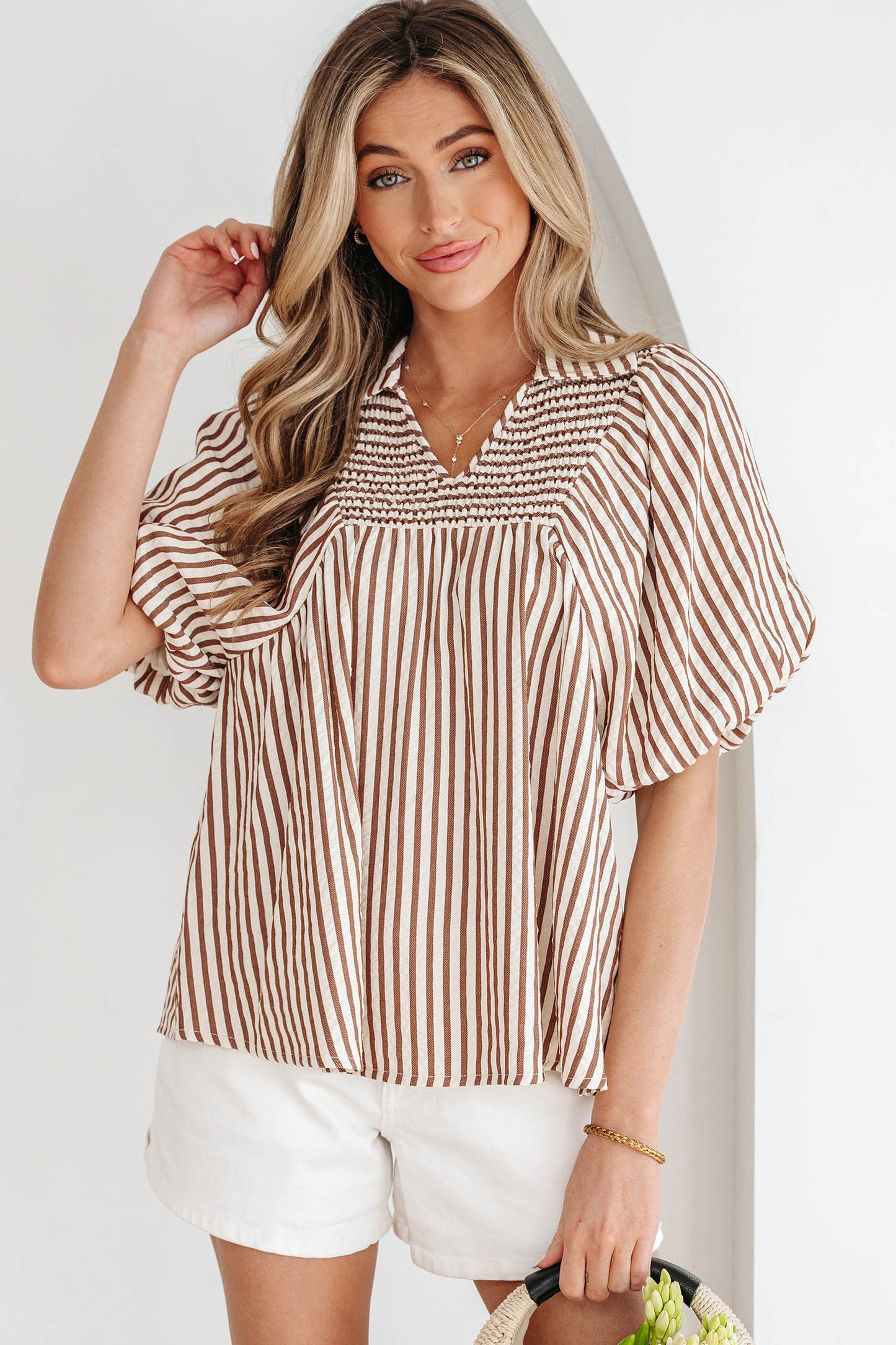 Stripe Shirred V-Neck Short Puff Sleeve Blouse