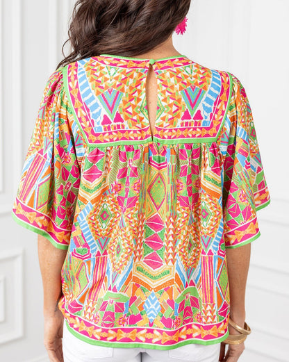 Geometric Bell Sleeve Babydoll Blouse