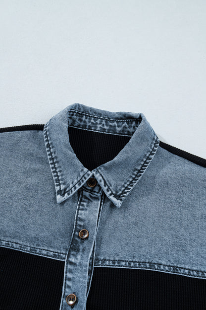 Colorblock Denim Patchwork Waffle Knit Buttoned Shirt