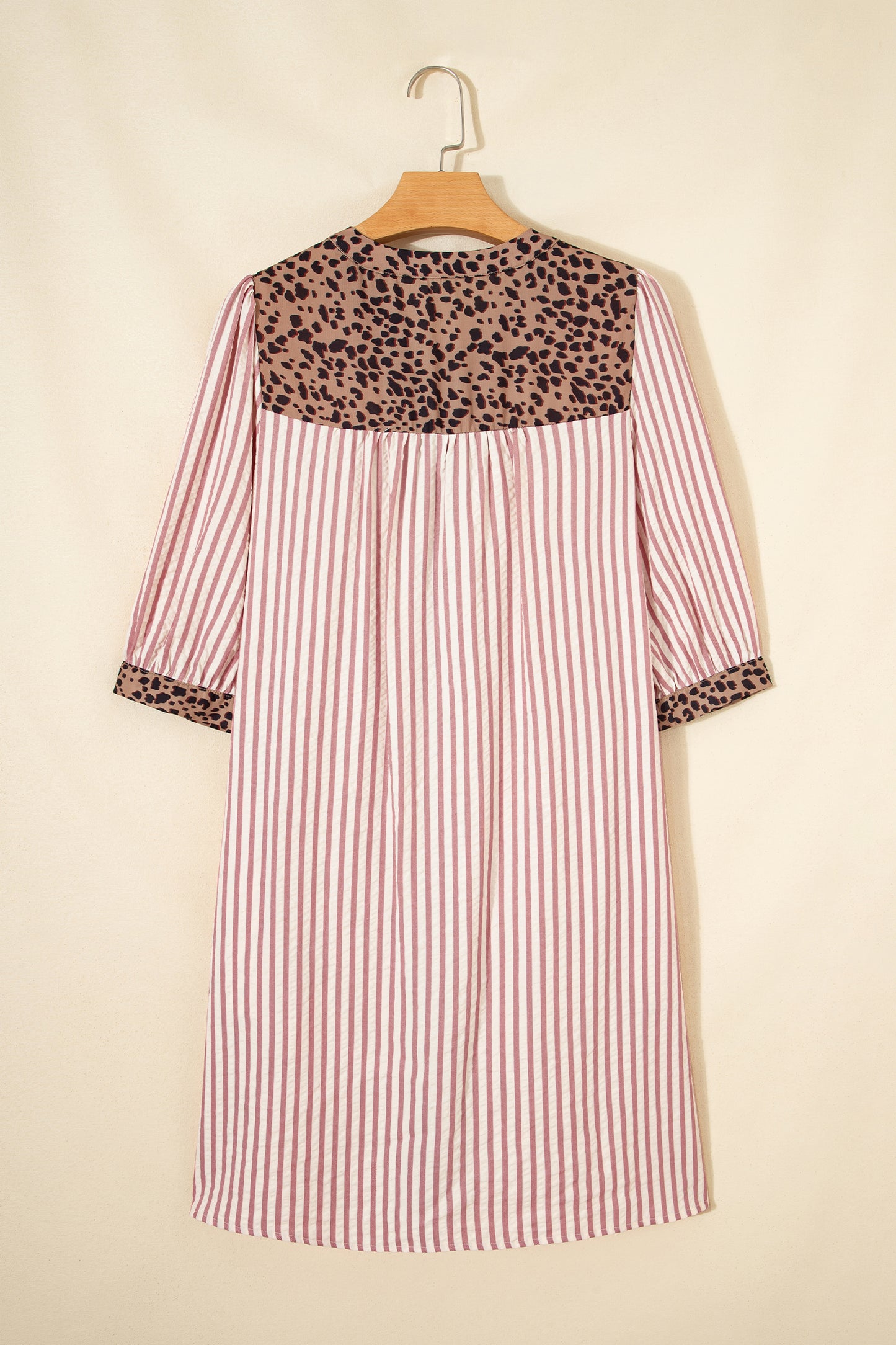 Stripe Leopard Trim 3/4 Sleeve Shirt Dress
