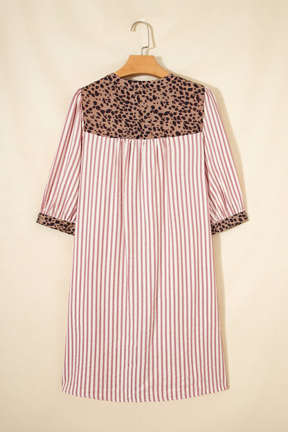 Stripe Leopard Trim 3/4 Sleeve Shirt Dress