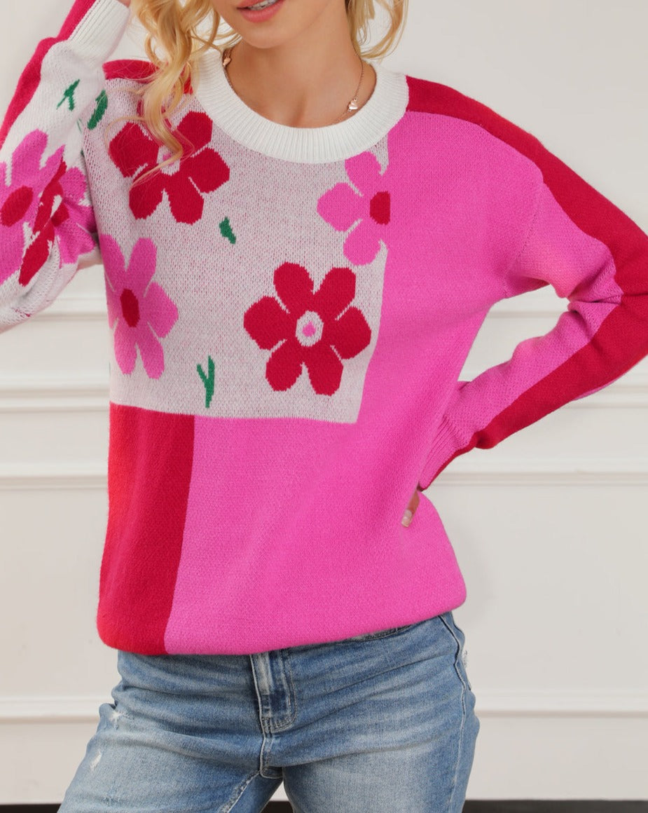 Floral Colorblock Long Sleeve Sweater