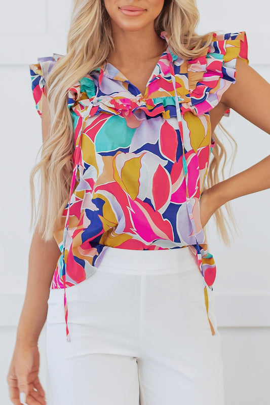 Abstract Ruffle Sleeve V-Neck Blouse