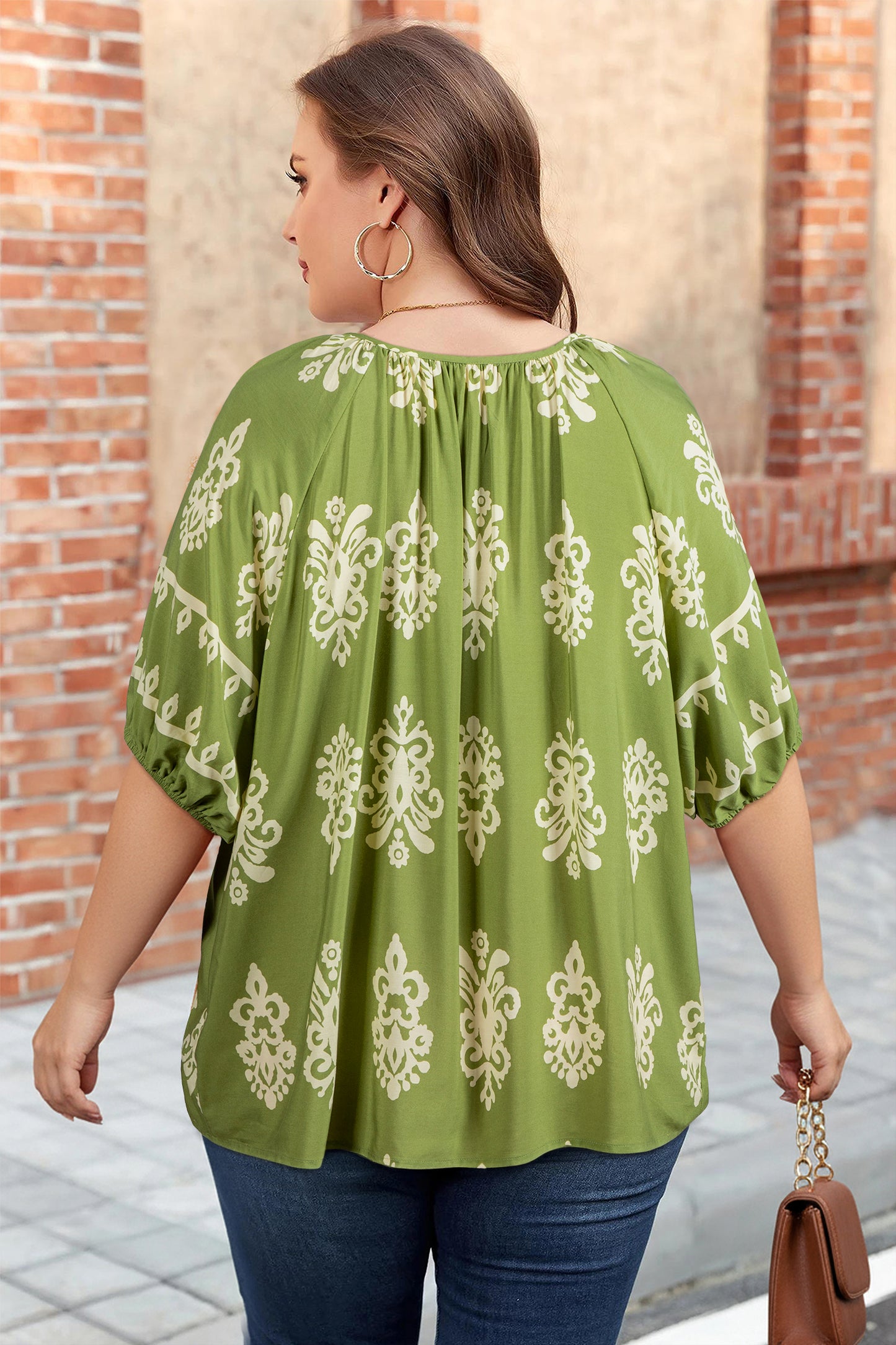 Plus Size Boho Floral Boho Notch V-Neck Top
