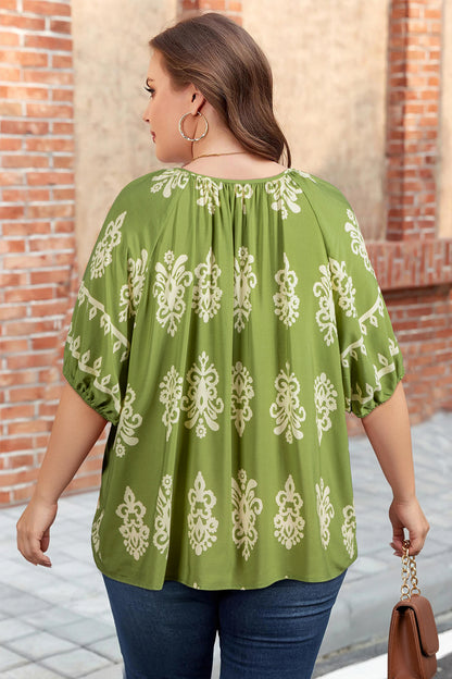 Plus Size Boho Floral Boho Notch V-Neck Top