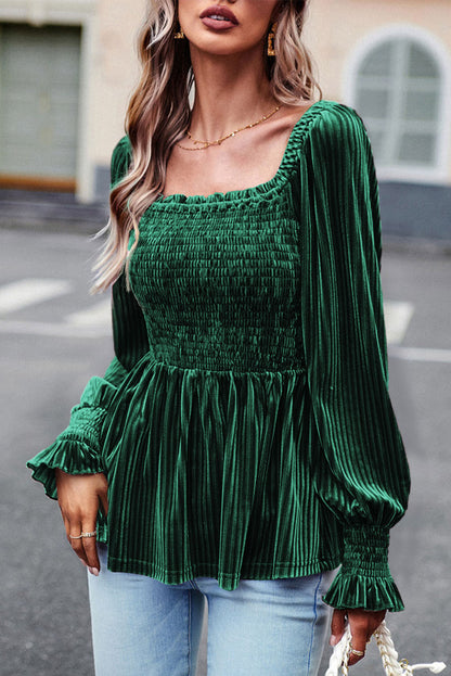 Pleated Velvet Smocked Babydoll Top