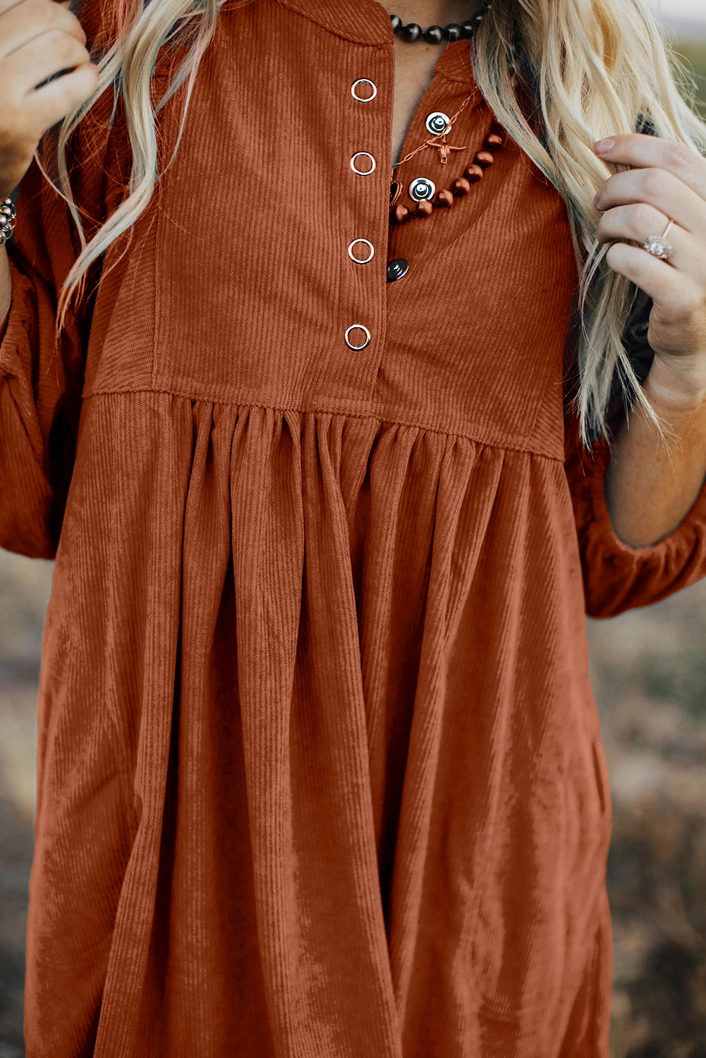 Corduroy Buttoned 3/4 Sleeve Dress