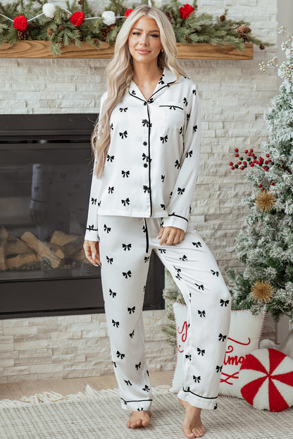 Bow Tie Long Sleeve Top and Pants Pajama Set