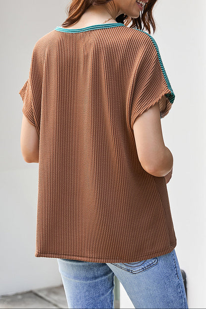 Colorblock Corded Knit Short Sleeve Loose Tee