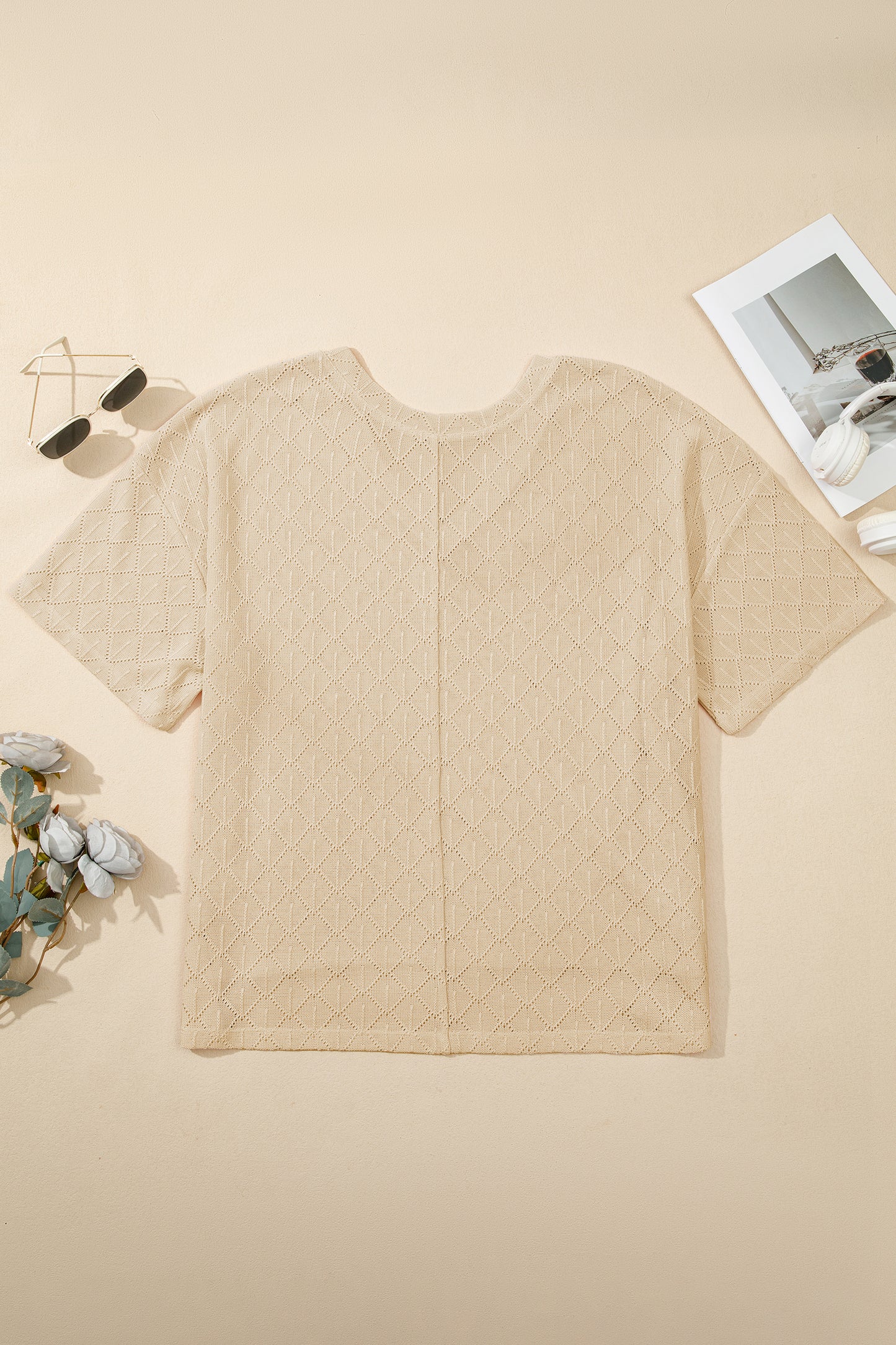 Plus Size Rhombus Pointelle Knit V-Neck Top