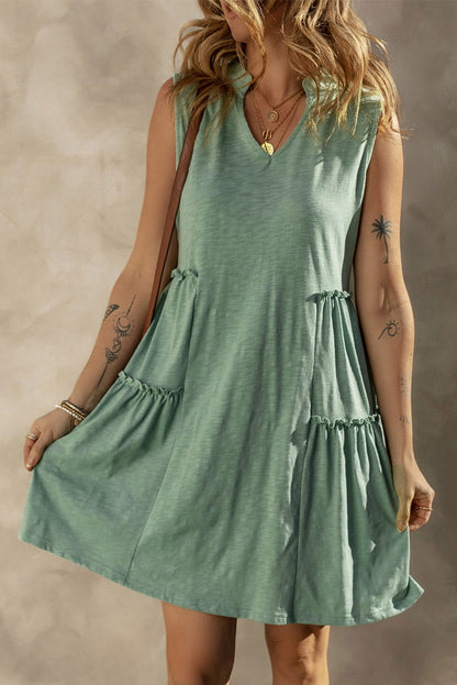 Split V-Neck Tiered Sleeveless Dress