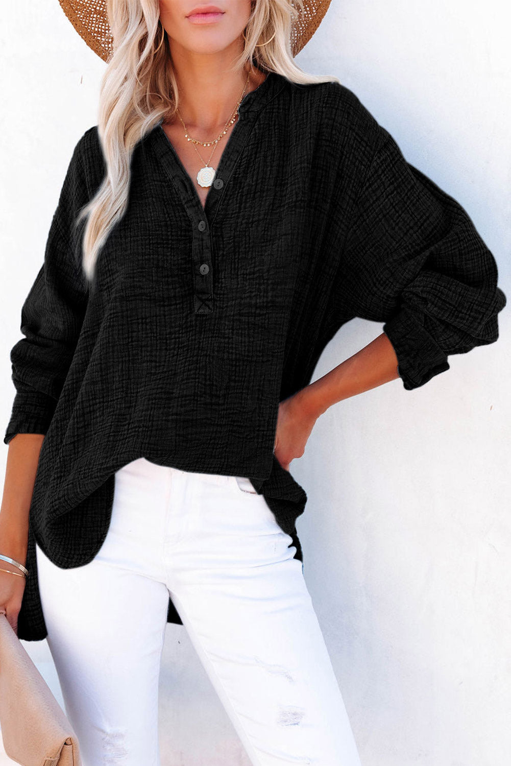 Gauze Long Sleeve Henley Top