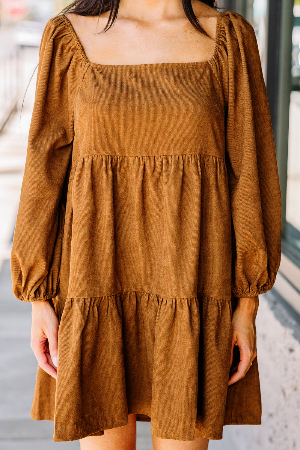 Corduroy Puff Sleeve Tiered Dress