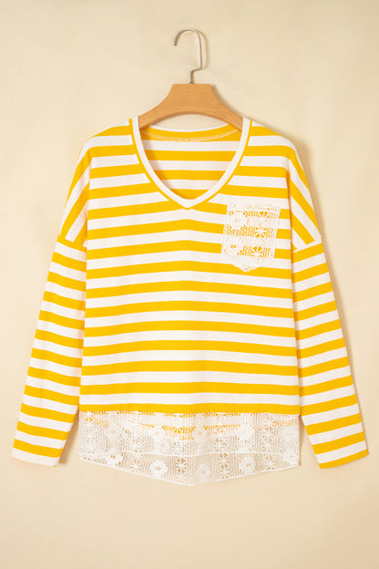 Stripe Lace Patchwork V-Neck Long Sleeve Top