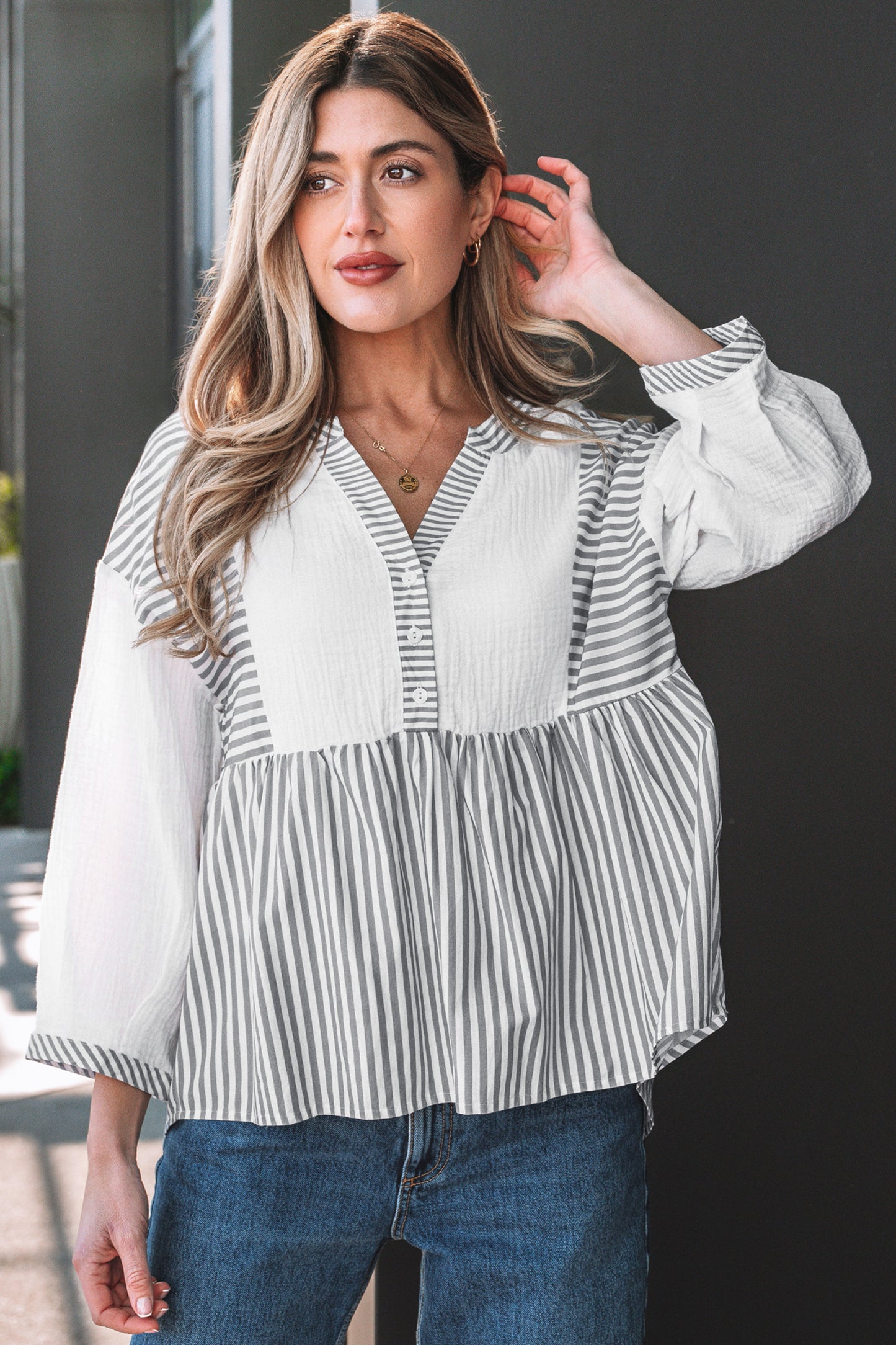 Stripe Gauze Patchwork Half Buttoned Babydoll Blouse