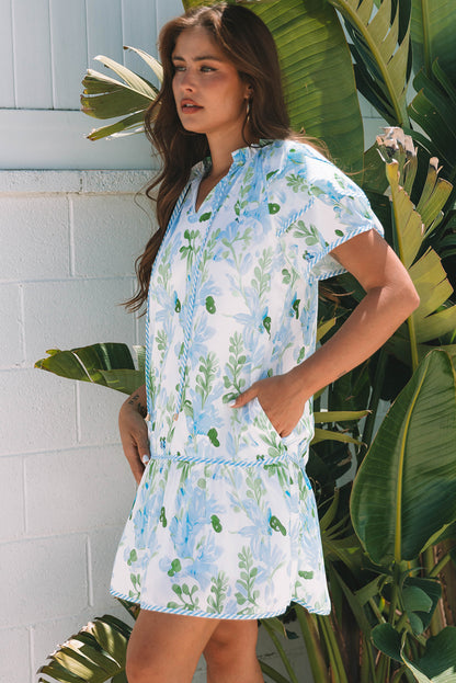 Floral V-Neck Layered Short Sleeve Mini Dress