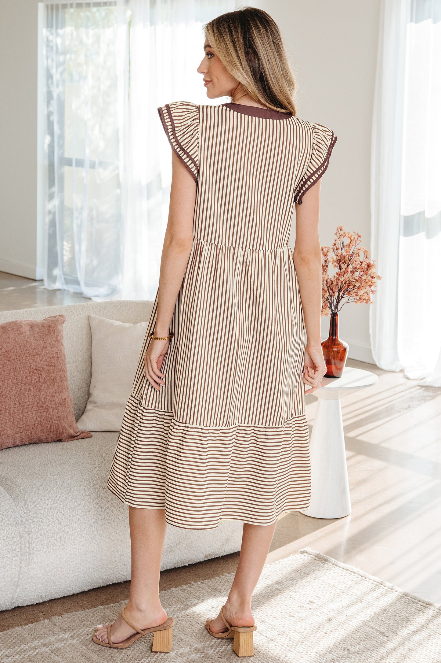 Stripe Ruffle Short Sleeve V-Neck Midi Dress