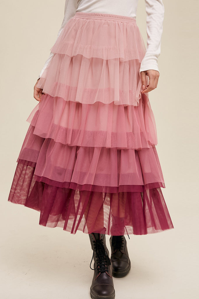 Gradient Ruffle Tiered Mesh Skirt