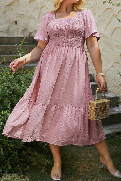 Plus Size Swiss Dot Smocked Flowy Midi Dress