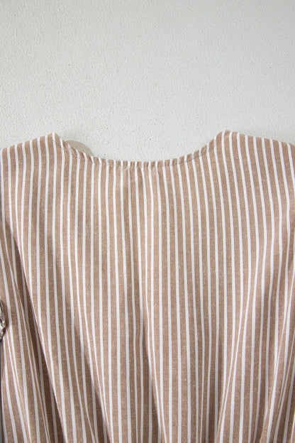 Stripe Flutter Sleeve Buttoned V-Neck Maxi Dress