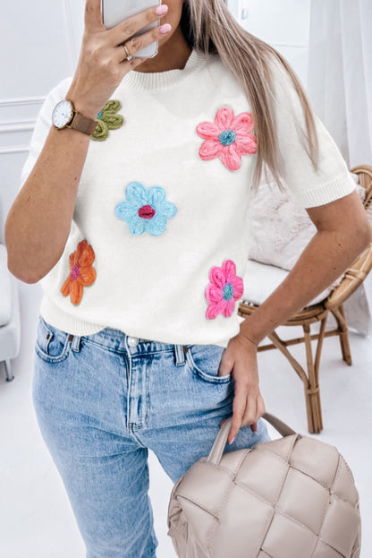 Floral Applique Short Sleeve Sweater