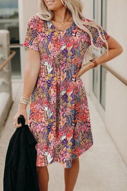 Floral Short Sleeve A-Line Dress