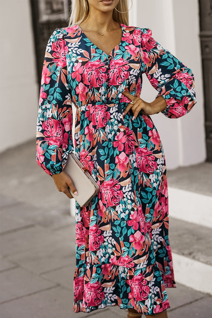 Floral V-Neck Long Sleeve Dress