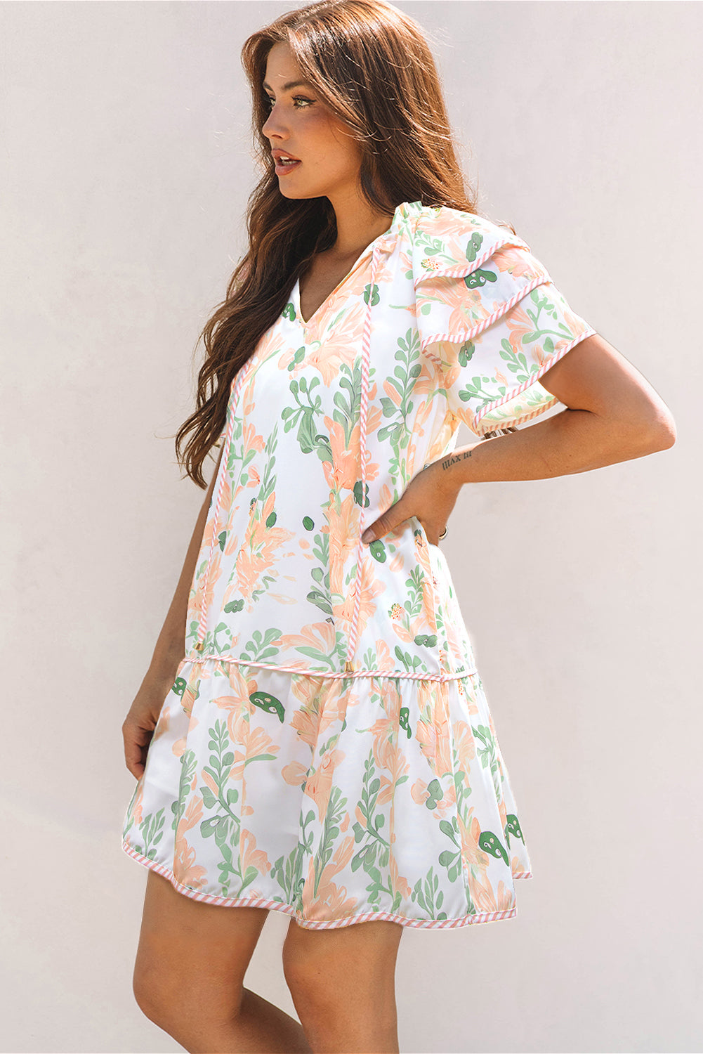 Floral V-Neck Layered Short Sleeve Mini Dress