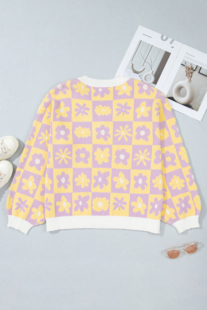Plus Size Floral Checker V-Neck Long Sleeve Sweater