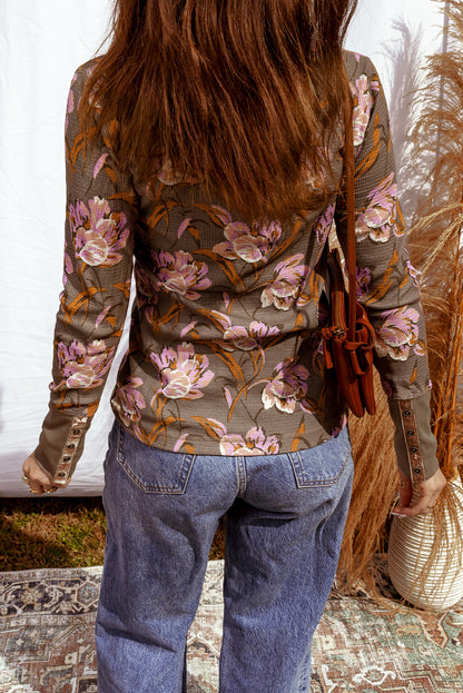Floral Waffle Textured Long Sleeve Top
