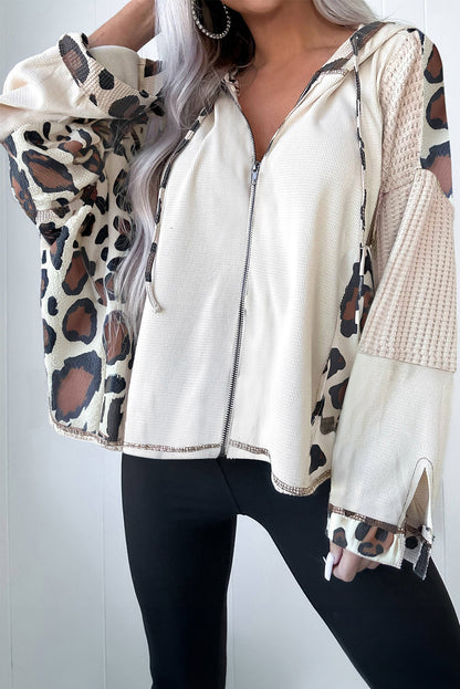Leopard Waffle Knit Patchwork Zip Up Hoodie