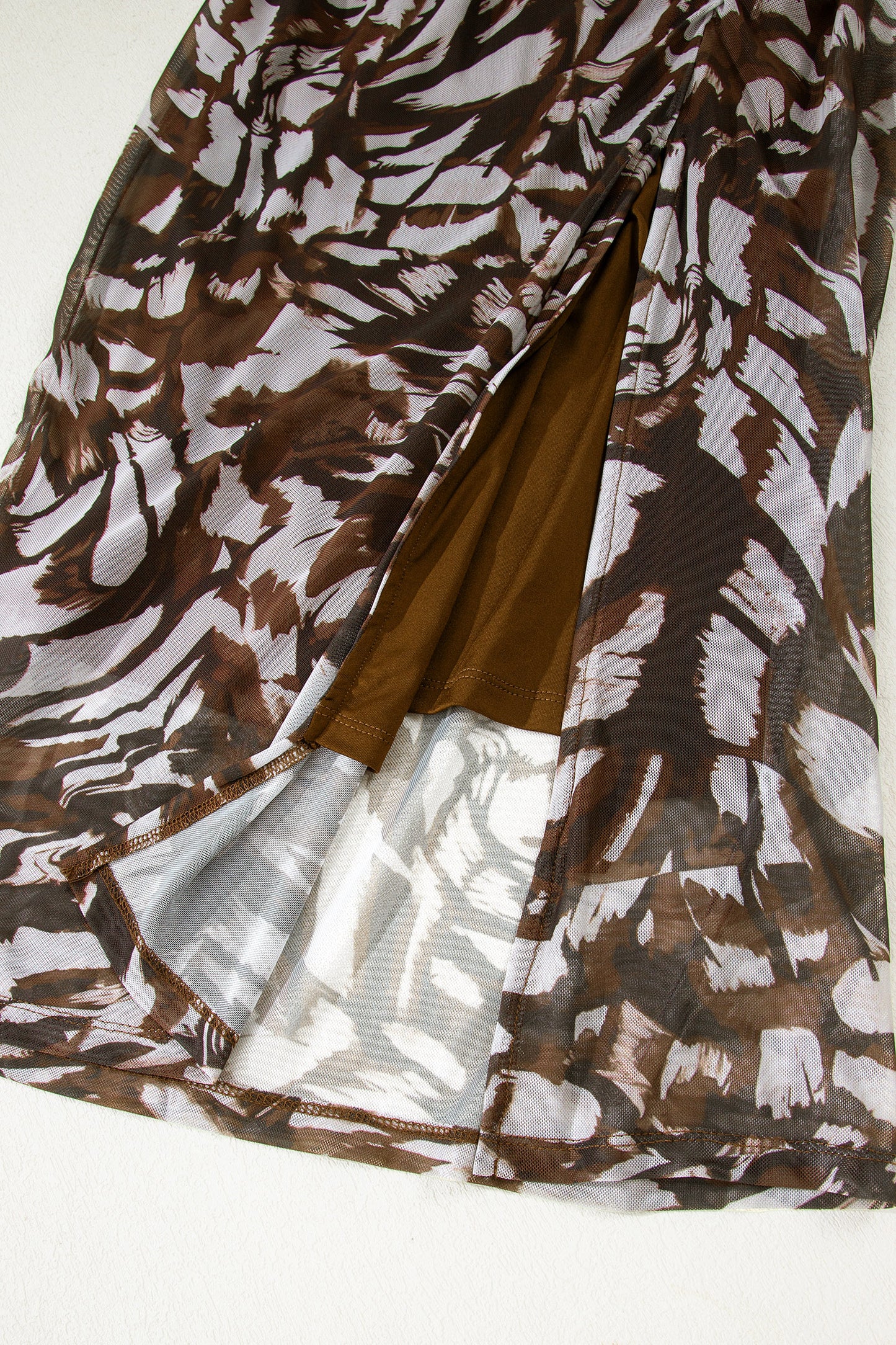 Abstract Mesh Cowl Neck Ruched Slit Midi Dress