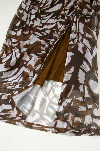 Abstract Mesh Cowl Neck Ruched Slit Midi Dress