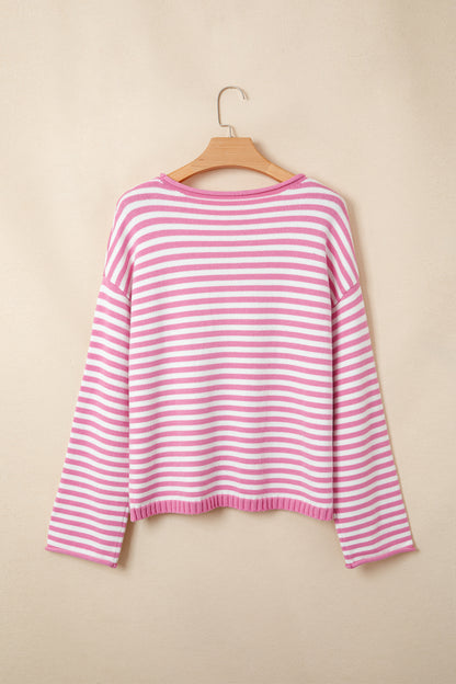 Stripe Button Placket Drop Shoulder Long Sleeve Sweater