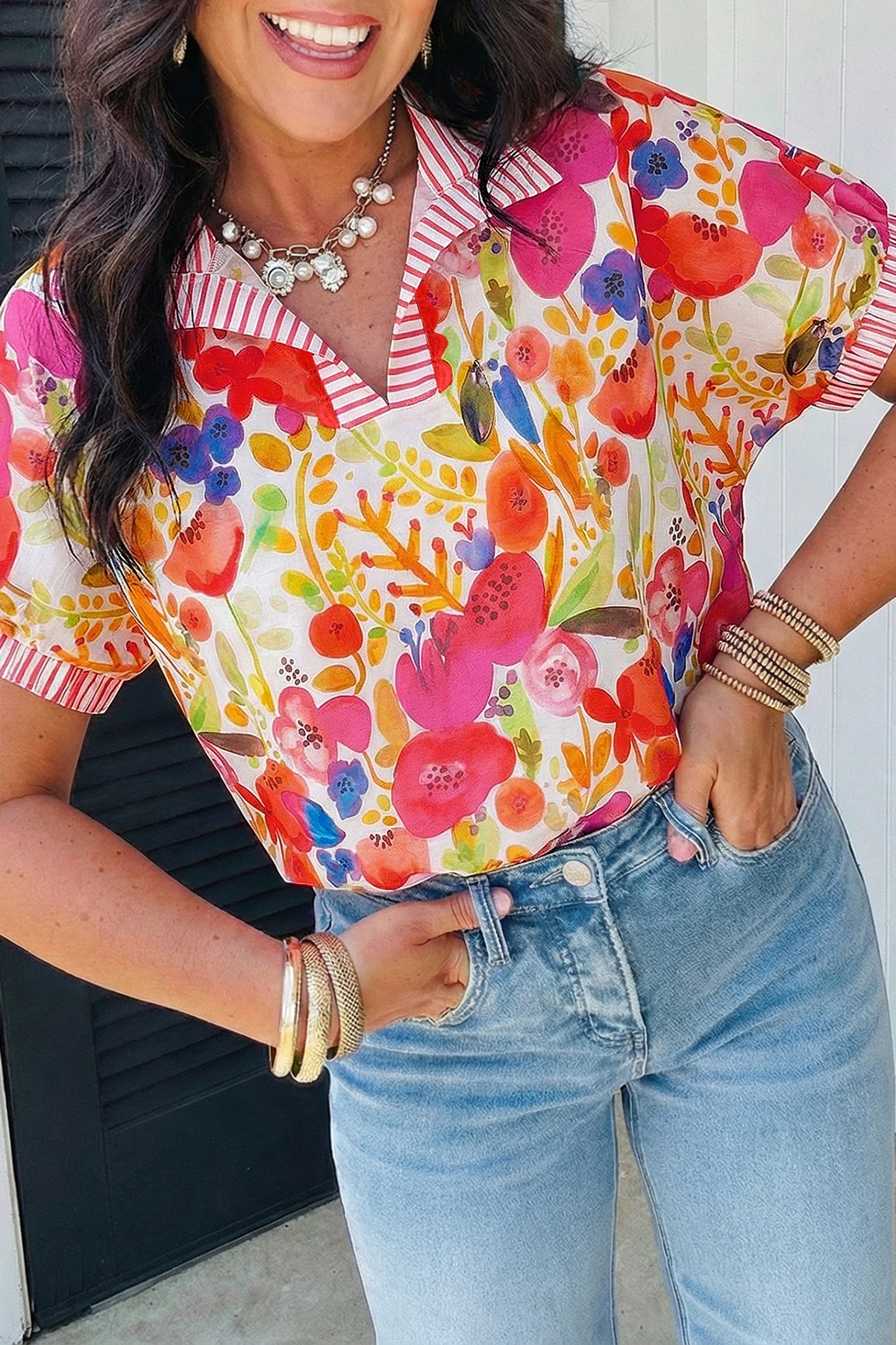 Floral Stripe Trim Collared V-Neck Blouse