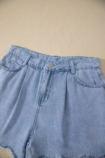 Solid Denim Scalloped Trim High Waist Shorts