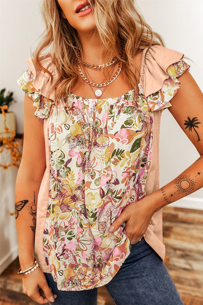 Floral Patchwork Ruffle Sleeve Blouse