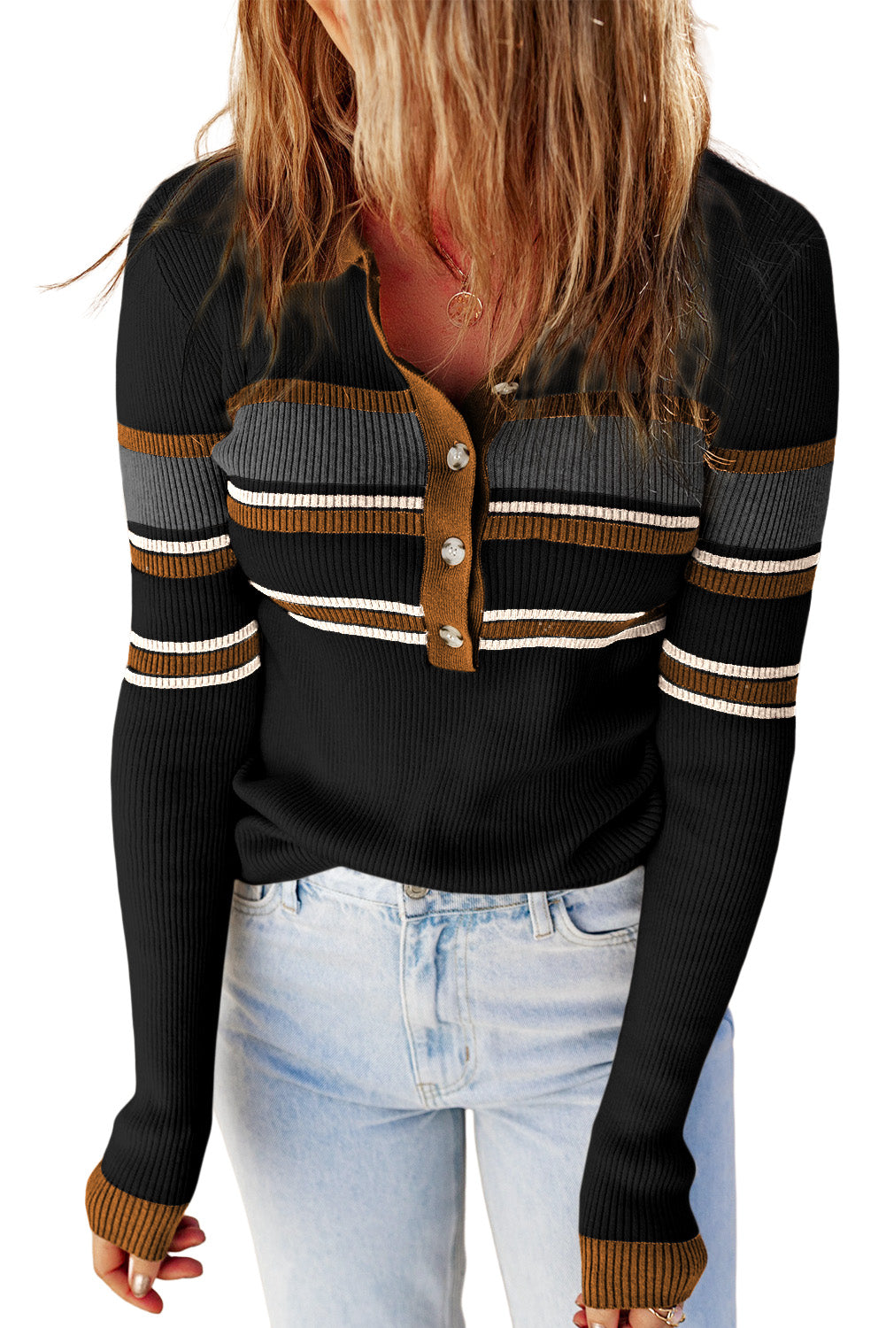 Stripe Ribbed Henley Collared Sweater