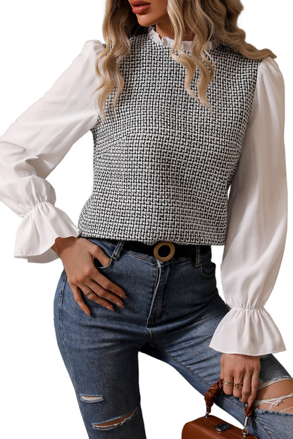 Contrast Flounce Sleeve Tweed Top