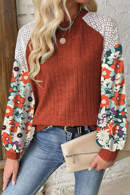 Floral Ribbed Long Sleeve Blouse