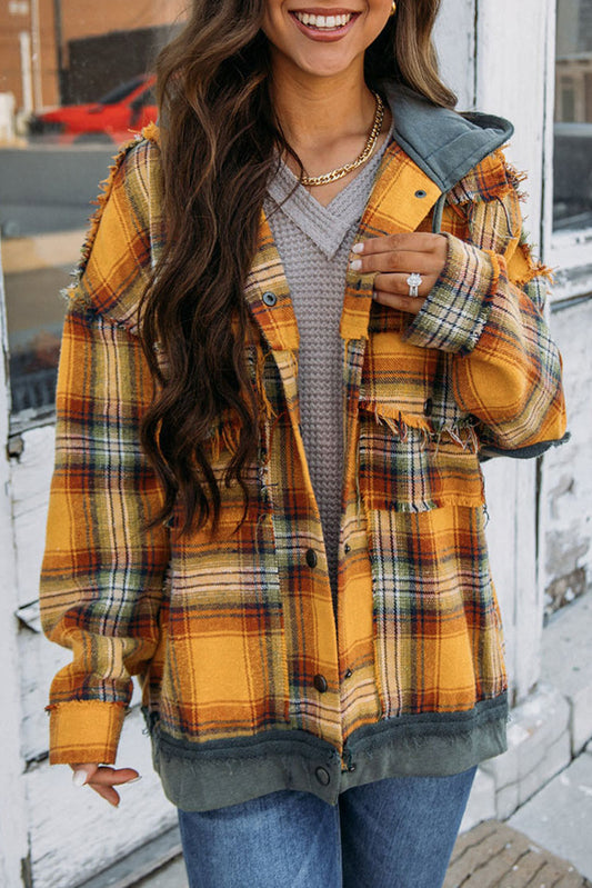 Plaid Hooded Snap Button Jacket