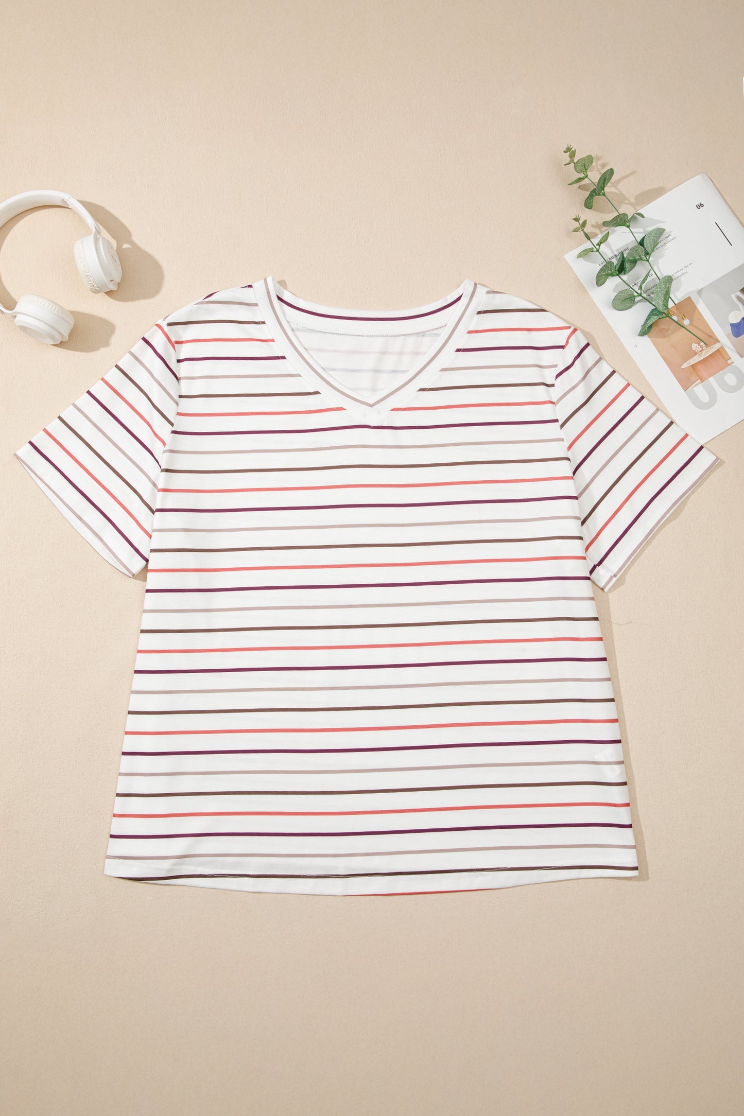 Plus Size Stripe V-Neck Short Sleeve Tee